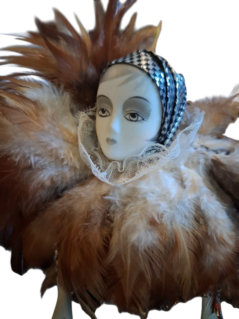 Collectible Porcelain Doll with Feather Collar - Brown & Cream